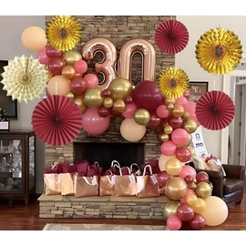Burgundy Maroon Gold Flower Streamers Wall-Fan Decor - Party Hanging Backdrop for Burgundy Birthday Wedding Christmas Bridal Baby Shower Home Living Room Décor