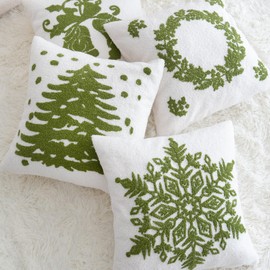 VANNCIO Fluffy White Green Christmas Decorative Pillow Cover, Neutral Farmhouse Throw Pillow Case with Tree Embroidery, Winter Holiday Boucle Sham for Bed Couch Sofa Decor, 18x18 Inch, 1PCS