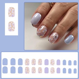 Viugex 24Pcs Light Blue Purple Press on Nails Short Square, French Tip False Nails with Flower Design, 12 Sizes Gel Fake Nails Glossy Reusable Glue on Nail, Acrylic Stick on Nail for Women Daily Wear