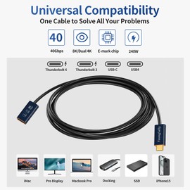YoungSelly Female to Male 1.64Ft USB C Cable, Compatible with Thunderbolt 4/3, USB4/3, Supports 240W(48V/5A max) Fast Charging, 40Gbps Data Transfer, 8K Display, and Dual Display 4K.