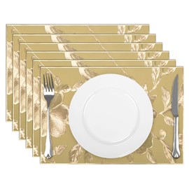 comfoyar Gold Rectangular Metallic Flower Placemats Set of 6, 12x18 Inch Non-Slip Vinyl Place Mats, Washable Waterproof Table Mats for Indoor Kitchen Dining Party Table Decoration