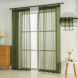 Ftinala Olive Green 90 Inch Curtains 2 Panels Custom Long, Thin Textured Pinch Pleated Sheer Curtain, See Through Drapes for Living Room, Dark Moss Window Treatments with Rings & Hooks & Back Tab