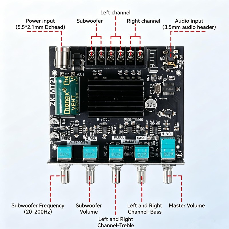 ZK-MT21 2.1 Channel Bluetooth Amplifier Board, 50W×2 + 100W Class