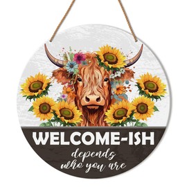 HSNBT Funny Summer Decor for Front Door, Highland Cow Sunflower Summer Welcome Sign Decor for Home Door Front Porch Farmhouse Wall Decorations Wooden Hanging Sign, Welcome Depend Who You Are