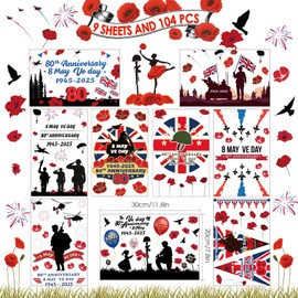 AhfuLife 104Pcs VE Day Window Stickers for 80th Anniversary 2025 Decorations, 9 Sheets 80 Years VE Day Stickers Party Decorations for 80 Years Victory in Europe WW2 1945-2025 Decor