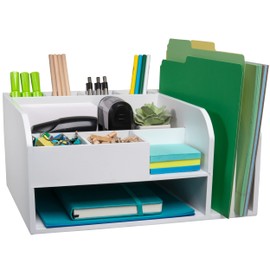 MissionMax White Bamboo Desk Organizer with attached Upright File Holders. Fully Assembled and Holds all your Accessories, Supplies and Storage needs for Office, Home and Classroom Organization