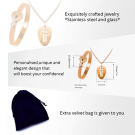 Tobestu Stainless Steel Heartbeat Line Cross Bangle Heart Lock Bracelet and Shield Key Pendant Necklace Set for Couples Gifts (Heart, Rose Gold)