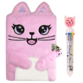 IKYWT Cat Diary with Lock and Pen for Girls, Fuzzy Journal Kit for Girl Age 6-8 8-12(Pink)