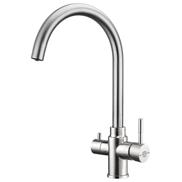 Tazmin Three-Way / 3 Way / 3 in 1 Monobloc Kitchen Drinking Water Filter/Mixer Brushed Steel 360 Swivel Tap/Faucet with Free Recyclable Fortress System