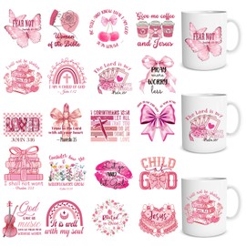 Shejdgart Religion UV DTF Stickers - 20 Sheets Coquete Christian UV DTF Cup Wraps for 16 OZ Glass Cups Mug, Pink Bow Butterfly Book Waterproof UVDTF Transfer Decals for DIY Crafts