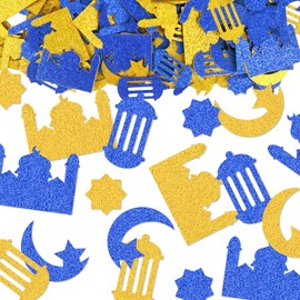ALIBBON 200 Pcs Eid Mubarak Confetti Islamic Castle Arabic lamp Confetti Islamic Crescent Star Throwing Confetti Gold Blue Glitter Confetti Table Scatter for Ramadan Kareem Table Decor