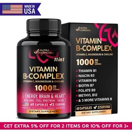 Vitamin B Complex Capsules 11-in-1 for Men & Women – B1, B2, B3, B5, B6, B7, B8, B9, B12 + C, Choline, Inositol – Vegan, Non-GMO