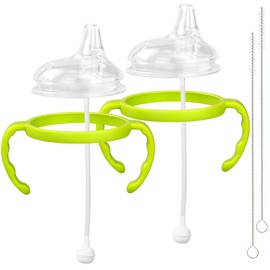 Sippy Cup Soft Spout Conversion Kit for Comotomo Baby Bottles, Sippy Cup Transition Set with Sippy Spout Nipples, Weighted Straws, Bottle Handles and Cleaning Brushes, Green, 2 Pack