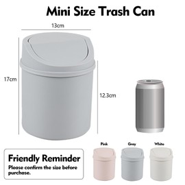 Hespama Gray Tiny Plastic Desktop Round Garbage Can, 0.5 Gallon Trash Bin with Swing Lid, 1 Pack