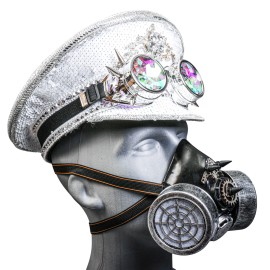 GIFTSHOP101 White Sequins Steampunk Captain Cap Kaleidoscope Goggle Silver Party Gas mask