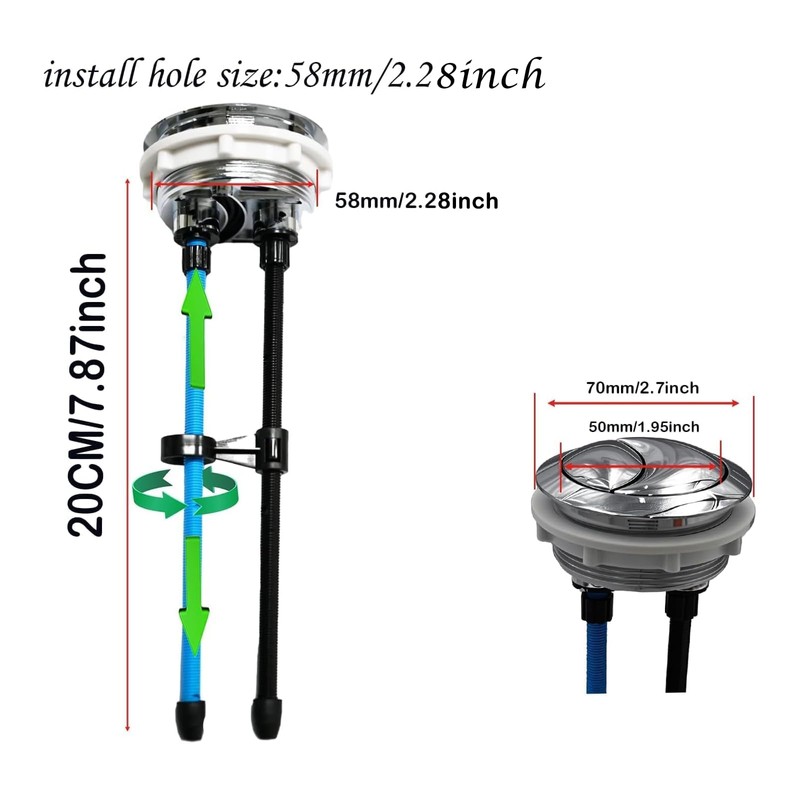 58mm/2.28inch Toilet Tank Button 20cm Extended Dual Push Flush Toilet