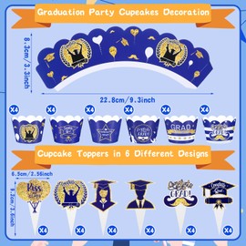 Lnngub Pack of 48 Graduation Cupcake Toppers, 24 Pieces 6 Styles Cupcake Toppers and 24 Pieces 6 Styles Cupcake Packaging Creative Graduation Cupcake Decoration for Graduations, Graduation Ceremonies
