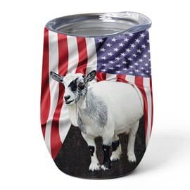 Patriotic White And Gray Pygmy Goat Tumbler 12oz - Stainless Steel Vacuum Insulated Wine Cup with Lid - American Flag & Pet Novelty Gifts for Goat Lovers