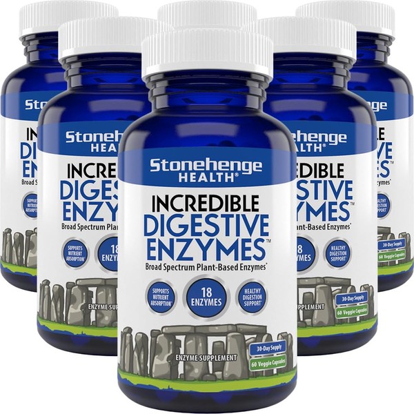 Stonehenge Health Incredible Digestive Enzymes - 18 Plant-Based Enzymes - Lipase, Lactase, Protease, Amylase, Bromelain for Gas, Bloating, Fatigue (6 Pack)