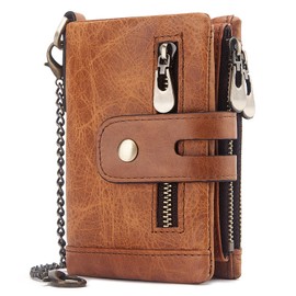 FORRICA Men's Wallet RFID Protection Men's Wallet Genuine Leather Wallet Double Fold Wallet with Chain 14 Card Slots Wallet with Coin Compartment, Brown B, Modern