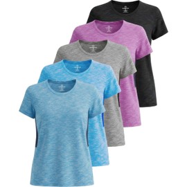Real Essentials 5 Pack: Women's Short Sleeve T-Shirts Workout Tops Fitness Pilates Gym Activewear Athletic (Plus Available), Set 4, M, Pack of 5
