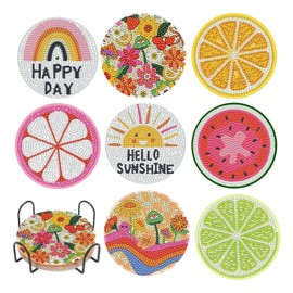 8Pcs Round Diamond Art Coasters, Insulated Non-Slip Fruit Coasters Set with Holder 5D DIY Full Drill Diamond Craft Supplies for Adults Kids Beginners Home Decor Car Cup Drinks
