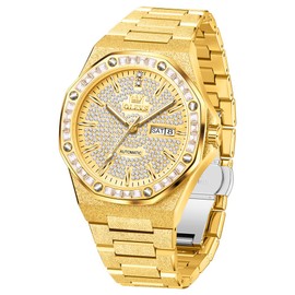 OLEVS Watch for Men Automatic Wristwatch Crystal Diamond Luminous Hands with 3ATM Waterproof Luxury Textured Bracelet Date Display Gold Dial
