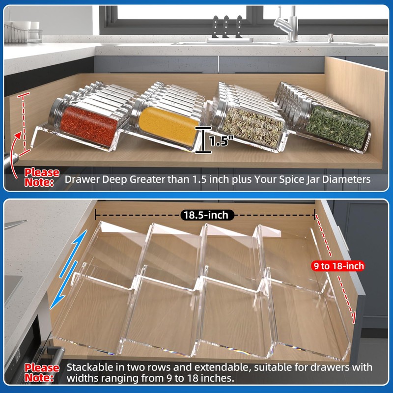MIUKAA Clear Acrylic Spice Drawer Organizer, 4 Tier- 2 Set