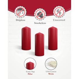 Cone Top Pillar Candles by Bask - Set of 6-3" x 6" Dripless Unscented Holiday Candles in Red for Home Decor, Relaxation & All Occasions