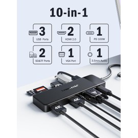 Lemorele Lemorele USB C Docking Station Dual Monitor 10- in-1 Triple Display Laptop Hub Multiple Adapter w/2 HDMI 4K+VGA+3 USB3.0/2.0+TF/SD 2.0+Audio+100W PD, USB C Dongle for Mac/Dell/HP/Lenovo/Surface