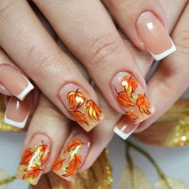 24Pcs Maple Leaf Press on Nails Thanksgiving Medium Square False Nails Fall Leaves Stick on Fingernails Glossy White French Acrylic Fake Nail Silver Glitter Gel Glue on Nail for Coquette Women Girls