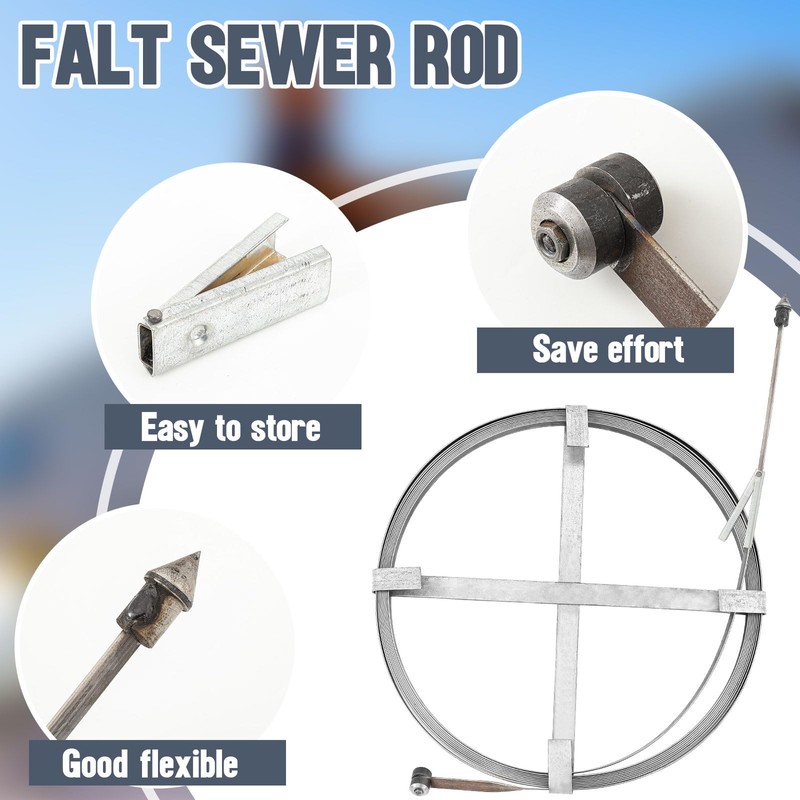 Blulu Flat Sewer Rod 3/4" x 50' Adjustable Grip Handle