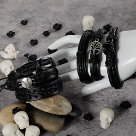 Manfnee Leather Braided Life of Tree Bracelets for Men Women Wrap Punk Style Cuff Wristband Adjustable
