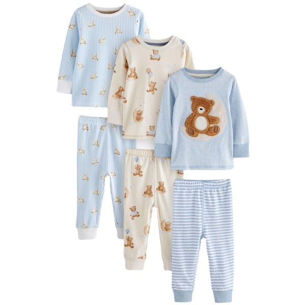 NEXT Snuggle 3 Pack 100% Cotton Pyjamas, Blue/Ecru Baby Bear