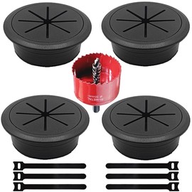 ZLTASYRY 4 Pack Desk Grommet 2 Inch (50 mm), Desk Hole Cover for Cables, Black Desk Cord Hole Cover for Office Home Table, Cable Grommet with 1 Hole Saw Drill Attachment & 6 Cable Ties