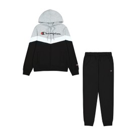 Champion Men's Legacy Script Shop Color Block (220291) -Soft Compact Powerblend Fleece Hooded Tracksuit, Grey (EM021), L