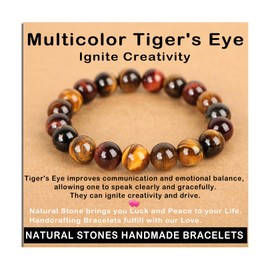 AD Beads Handmade Gemstone Stretch Elastic Bracelet Crystal Healing Reiki Nature's Beauty and Spiritual Essence Unisex (10mm, Multicolor Tiger's Eye (Ignite Creativity))