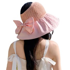 BUDUBIBI Sun Hat for Women, Wide Brim Roll-up Ponytail UV Protection Hat Packable Foldable Summer Beach Cap for Travel(56-58cm, Pink)