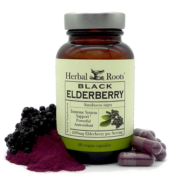 Herbal Roots Black Elderberry Capsules - Max Strength 4,300mg - Made with Organic Sambucus - Immune Support - Vegan and Pure - Made in The USA