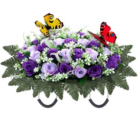 Artificial Cemetery Flowers for Grave,Large Headstone Flower Saddle Realistic Grave Flowers Memorial Silk Rose Flowers with Butterflies for Headstone Grave Decoration Non-Fading Easy Fit (Purple)