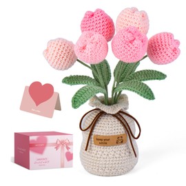 Hccgfy Hand-Crocheted Tulip Potted Plant with Premium Gift Box, Unique Hand-Crafted Gift for Home and Office Desk Decor, Perfect for Teachers, Moms, Friends, and You(Pink)