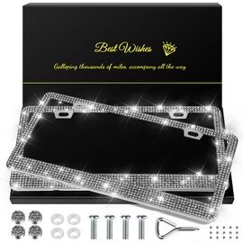 QUANQIUFEI QUANQIUFEI 2 Pack Bling License Plate Frames for Women, Sparkly Rhinestone Diamond Car Accessories with Glitter Crystal Caps (Gilded Black)