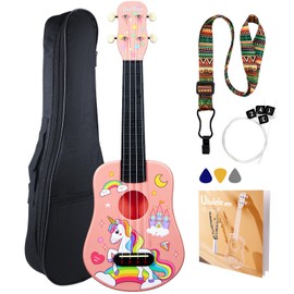 VixxNoxx 21 Inch Soprano Ukulele for Beginners Kids Adults & Students, Nylon Strings Hawaiian Ukulele Starter Kit with Gig Bag Strap Picks Extra Strings, Portable Musical Instrument (Pink)