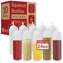 Reli. Plastic Squeeze Bottles, 24 oz. | 10 Pack | Condiment Squeeze Bottles for Sauces | Clear w/Tethered Caps | 24 Ounce Hot Sauce, Ketchup Bottles |Squirt Bottles for Condiments, Olive Oil, Liquids
