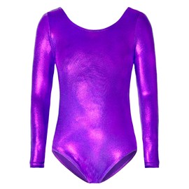TENVDA Gymnastics Leotards for Girls 3t 4t Metallic Sparkly Purple Toddler Kids Long Sleeve Tumbling Outfit Bodysuits