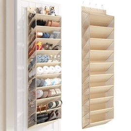 Mefirt 10 Tier Clear Over the Door Shoe Organizer with Deep Pockets, Door Shoes Rack with Hard Tube to Keep the Shape, Hanging Shoe Rack for Closet Organizers & Storage, Behind Door Shoe Holder Beige