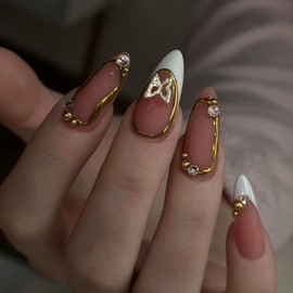 Almond Press on Nails Medium Fake Nails French Tip False Nails with 3D Butterfly Charm Designs Pink Glossy Glue on Nails for Women 24pcs