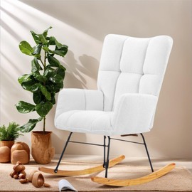 Nursery Rocking Chair with Ergonomic Lumbar Support - Plush Teddy Fabric, Gentle Gliding Motion, Compact Design for Breastfeeding Moms, Fits Small Spaces & Reading Nooks (White)