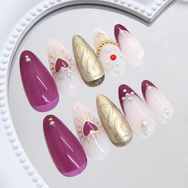 MISUD Almond Press on Nails Medium Fake Nails Glossy Glue on Nails Gold Chrome Acrylic Nail Supplies Stiletto Artificial Nail Art Purple French Tip Stick on False Nails with Design DIY 24 pcs