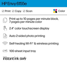HP Envy 6155e Wireless All-in-One Color Inkjet Printer, Print, scan, Copy, Duplex Printing Best-for-Home, 3 month Instant Ink trial included (714L5A)